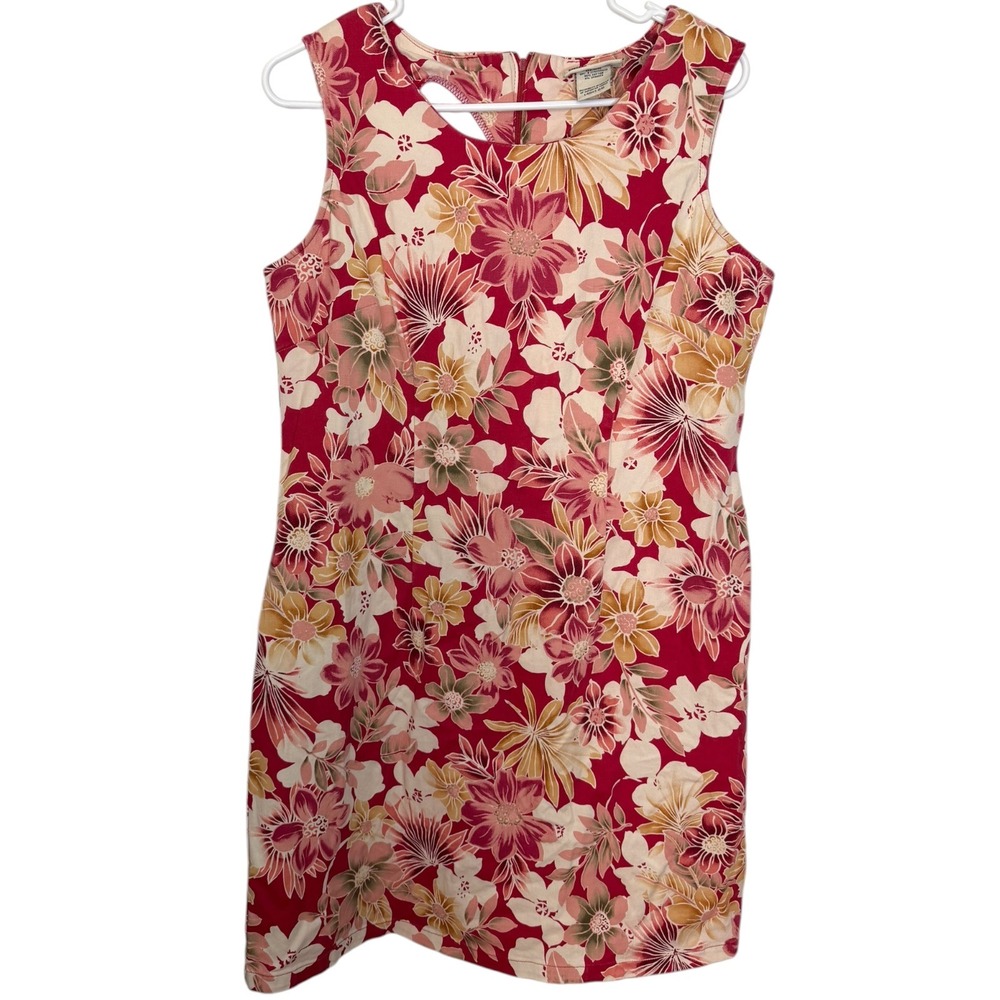 Faded Glory 14 Red Floral Sheath Dress Sleeveless Stretch Tropical Y2K Retro